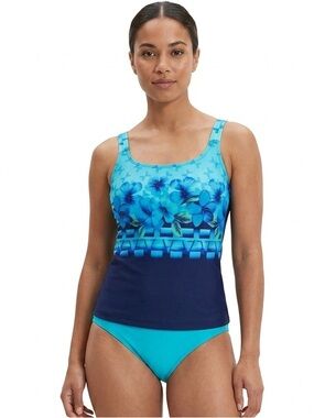 Speedo Blue Floral Ombre Tankini Swim Top Built-In Shelf Bra Size 10 Fits 8